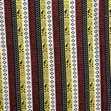 Striped mudcloth-inspired motifs in red, yellow, black, and white