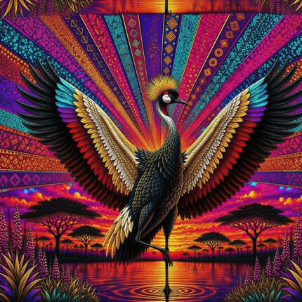 Grey Crowned Crane fabric panel featuring Uganda's national bird with outstretched wings against a glowing African sunset landscape with acacia trees and reflective water.