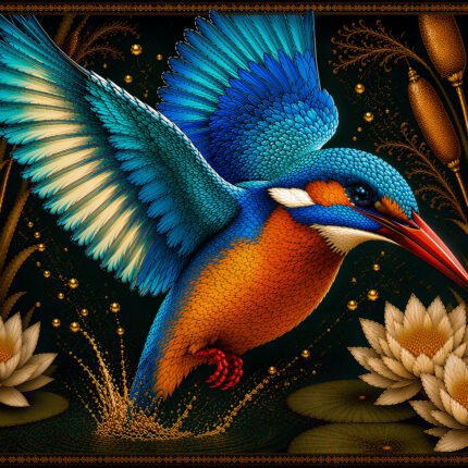 Blue and orange kingfisher bird fabric panel flying above water lilies with decorative African-inspired border and golden wetland details.