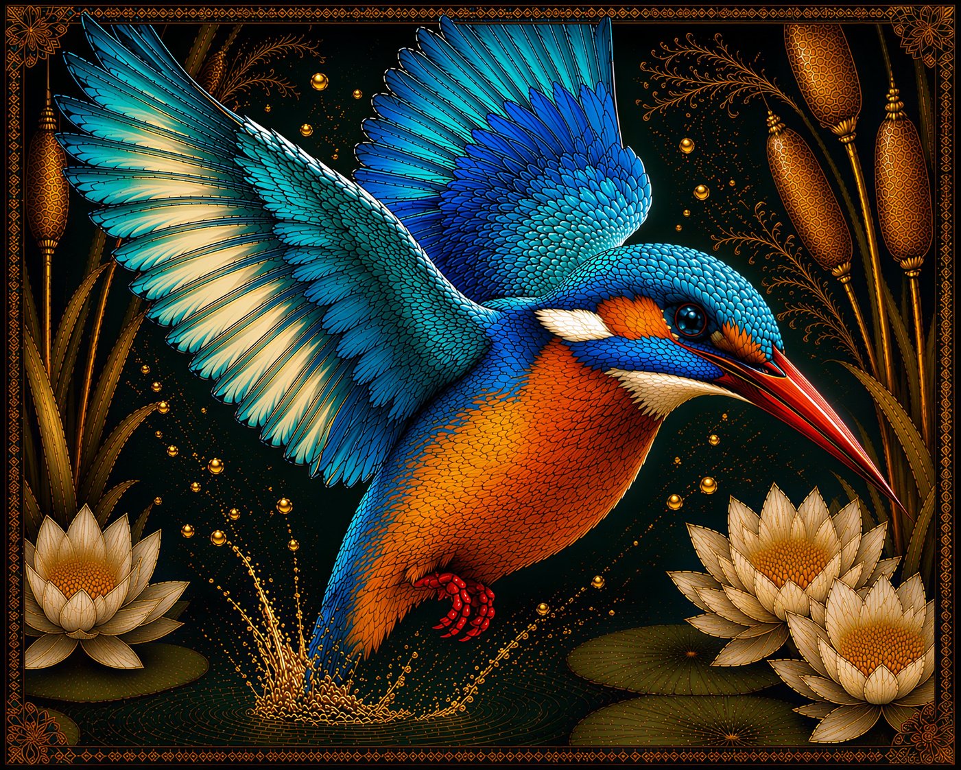 kingfisherlist Blue and orange kingfisher bird fabric panel flying above water lilies with decorative African-inspired border and golden wetland details.