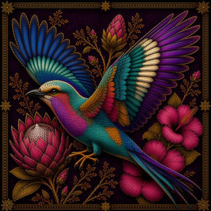 Lilac-Breasted Roller bird fabric panel featuring vibrant turquoise, purple, blue, and gold feathers surrounded by protea and hibiscus flowers on a decorative dark background.