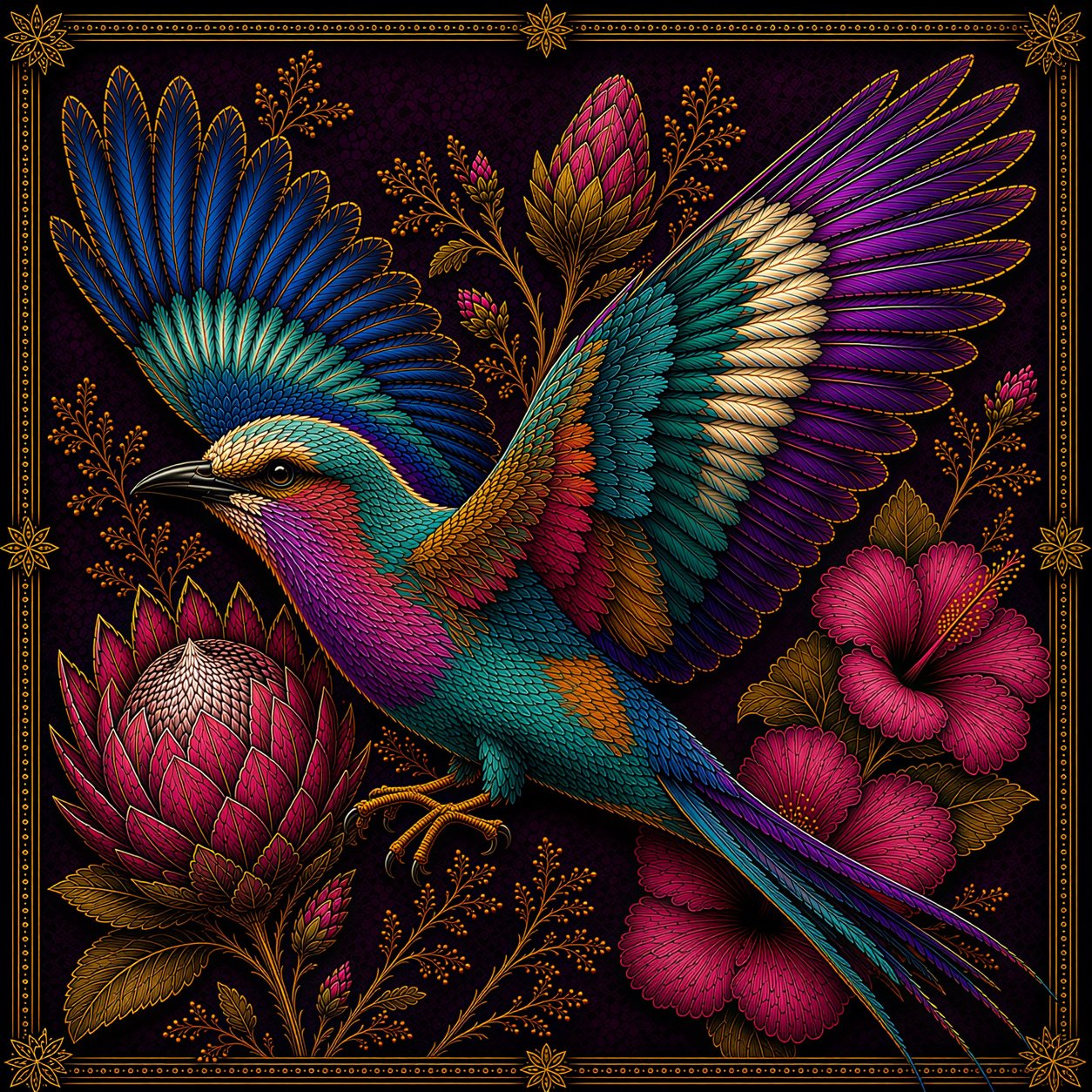 purple Lilac-Breasted Roller bird fabric panel featuring vibrant turquoise, purple, blue, and gold feathers surrounded by protea and hibiscus flowers on a decorative dark background.