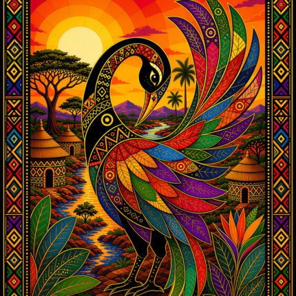 Colorful Sankofa bird fabric panel inspired by Ghanaian Adinkra symbols featuring vibrant patterned feathers, African village scenery, and decorative geometric borders.