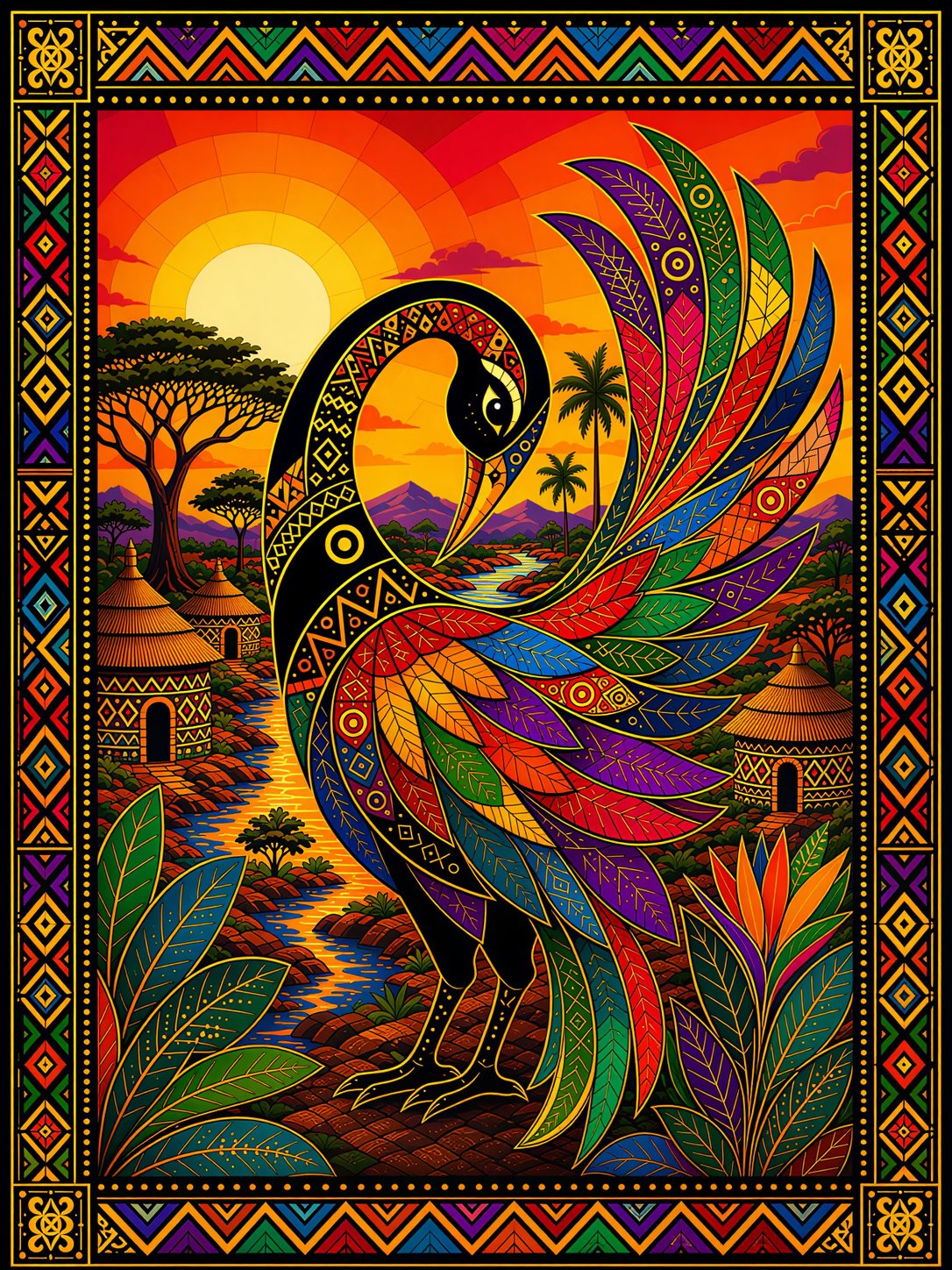 sankofalist Colorful Sankofa bird fabric panel inspired by Ghanaian Adinkra symbols featuring vibrant patterned feathers, African village scenery, and decorative geometric borders.