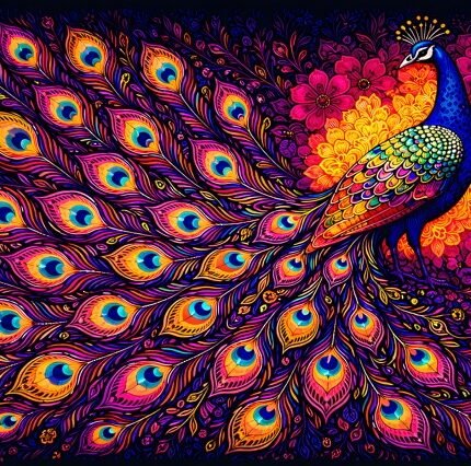 Oversized peacock quilt panel featuring jewel-tone feathers and vibrant colors on a dark background.