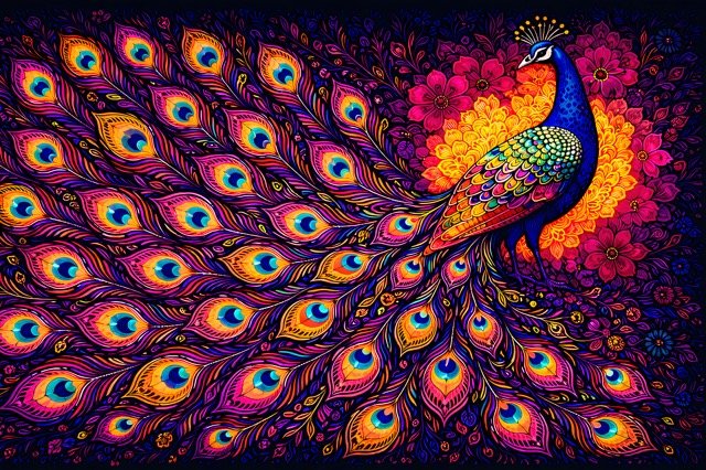Peacock Majesty Quilt Panel Oversized peacock quilt panel featuring jewel-tone feathers and vibrant colors on a dark background.